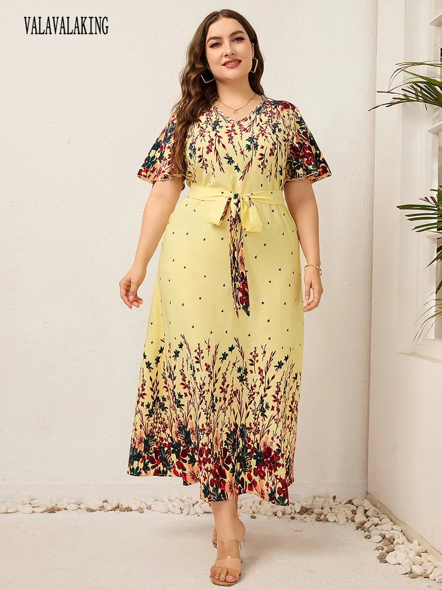 2025 Casual V-Neck Print Plus Size Dress Women Short Sleeve Lace-Up Large Midi Dress Lady Trendy Chubby Curvy Pleated Long Dress