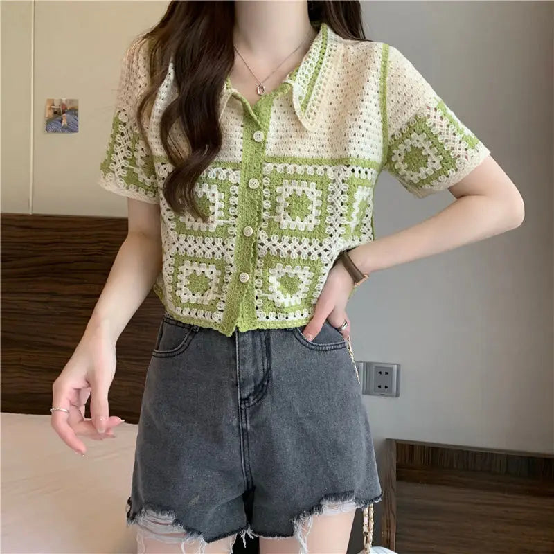 Summer Short Sleeve T-Shirt Retro Knitted Cardigan Outerwear Young Petite Girls Vintage Hollow Out Crop Top Women Clothes