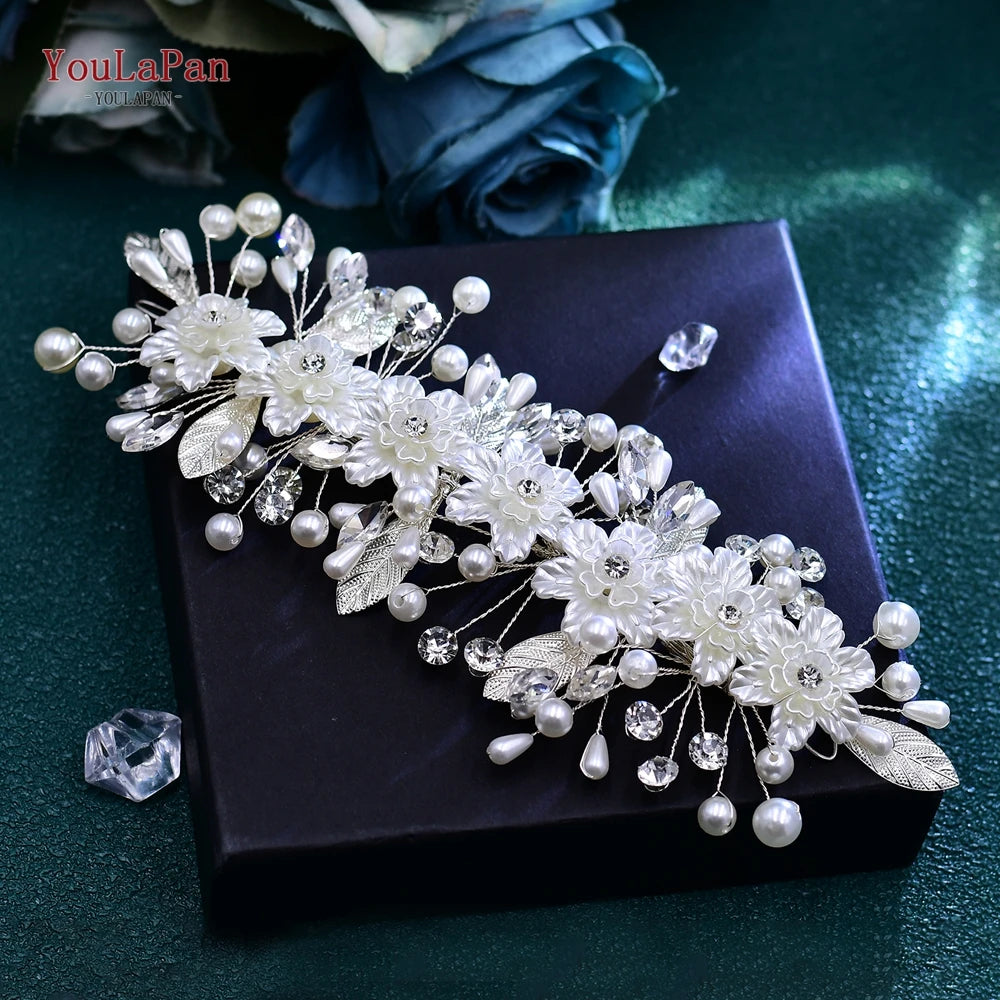 YouLaPan Wedding Headpiece Faux Pearl Headband Bridal Hair Accessories Rhinestone Headdress Alloy Leaf Hair Decoration HP680
