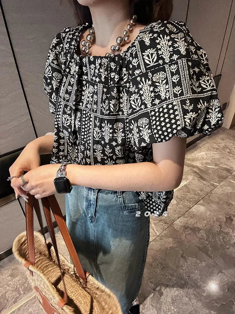 Square Neck Puff Sleeve Patterned Off-shoulder Cropped Women's Top 2024 Spring/Summer Vacation Blouse Petite Women's Clothing clothes