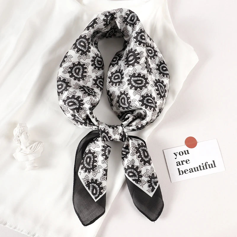 Luxury Brand 2023 Silk Square Scarf Women Cat Neck Hair Tie Band Beach Hijab Kerchief Head Headbands Bandana Female Foulard 70cm
