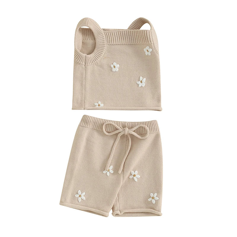 Kleinkind Baby Mädchen 2Pcs Outfit Sommer Floral Ärmelloses Strick Tank Leibchen Top Elastische Kordelzug Shorts Set Boho Kinder Kleidung