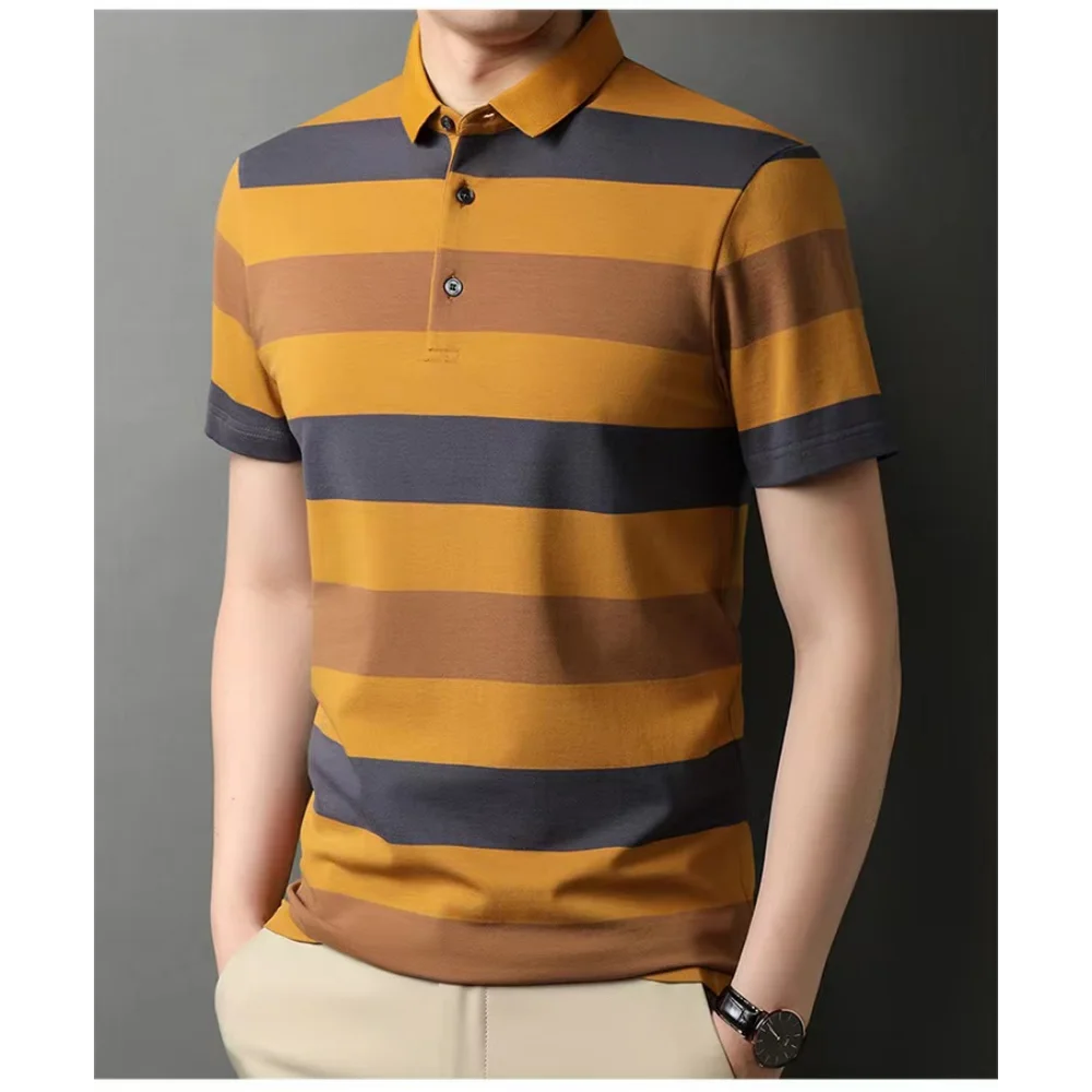 Men's Polo Shirts Korea Man Golf Shirts Summer Striped Print Button Clothing Business Style Male Streetwear Short Sleeve T-Shirt