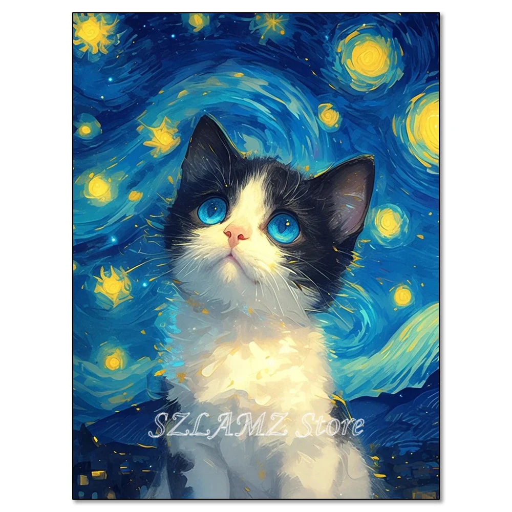 5D DIY Diamond Painting Kit Starry Sky Cat Diamond Embroidery Cross Stitch Cartoon Astral Cat Home Decoration Art Painting