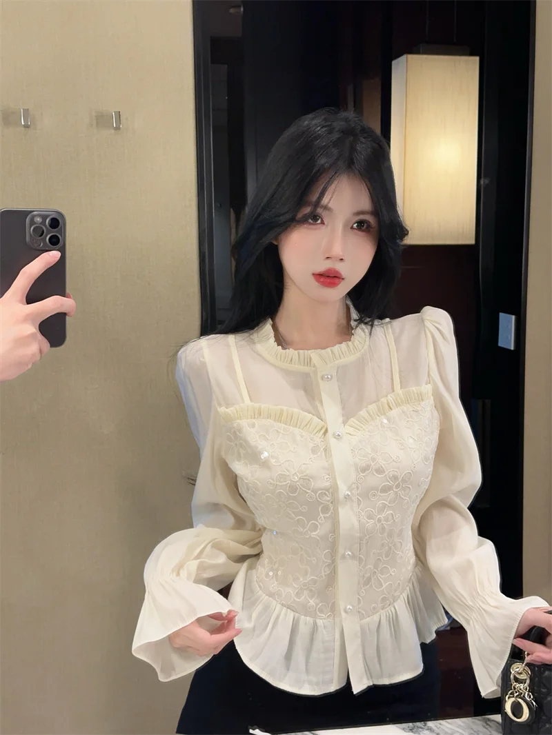 Gagaok French Style Women Tops Temperament Fungus Splicing Fashion Shirts 2025 Spring New Slimming Blouse Casual Clothes