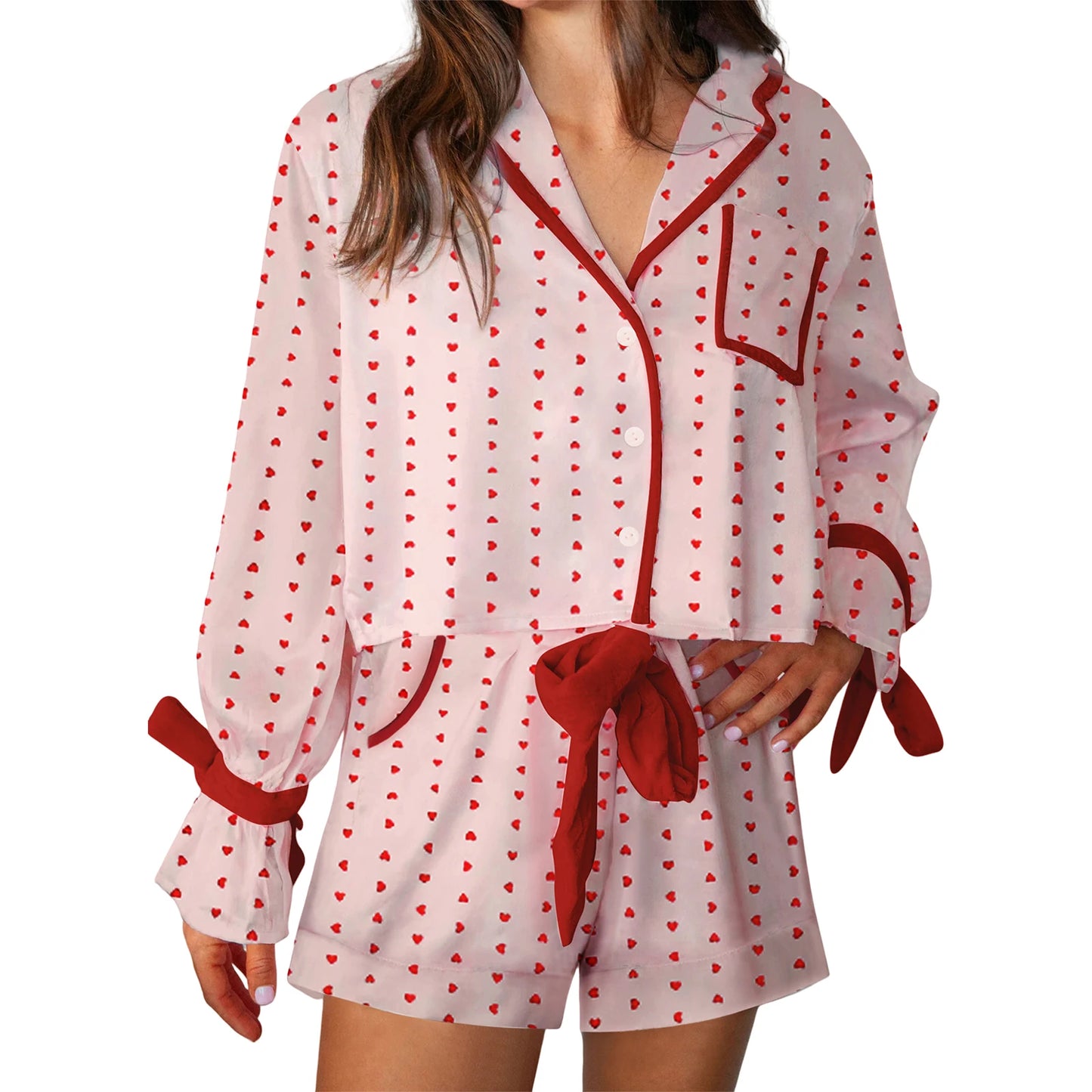 Women s Valentine s Day Lounge Set Long Sleeve Heart Print Shirt Drawstring Shorts Sleepwear