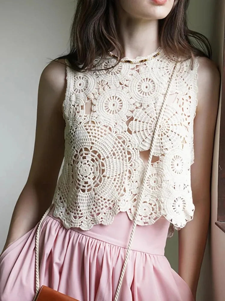 Frenchy Floral Crochet Women Tank Top 2024 Spring/Summer Hollow Out Cropped Top Petite Women's Clothing