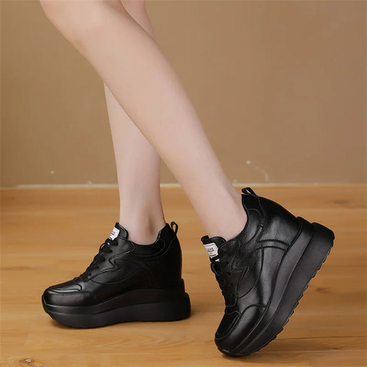 10cm Cow Suede Leather Women Vulcanized Shoes Platform Wedge Skate Boarding High Brand Heels Casual Summer Spring Shoes  Size 41