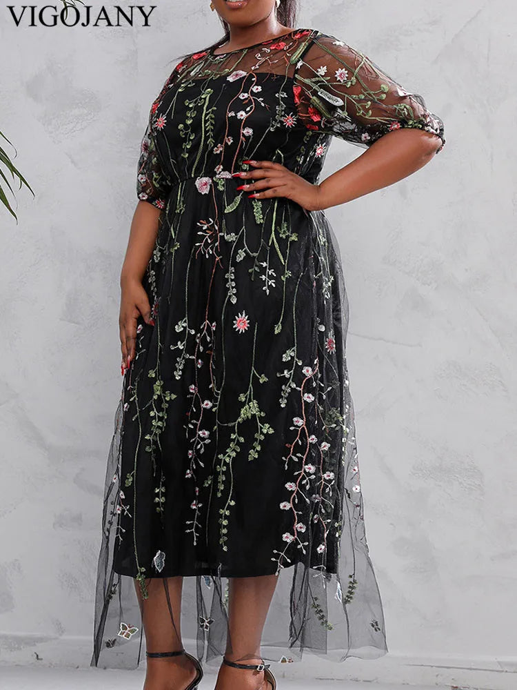 Vigojany 2025 Summer Mesh Patchwork Plus Size Dress Women O Neck Short Sleeve Large Big Dress Casual Lady Chubby Curvy Dresses