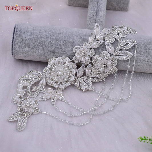 TOPQUEEN S80 Bridal Decorative Waist Belt Wedding Dress Accessories Woman Fashion Sash with Silver Rhinestones Handmade Beaded