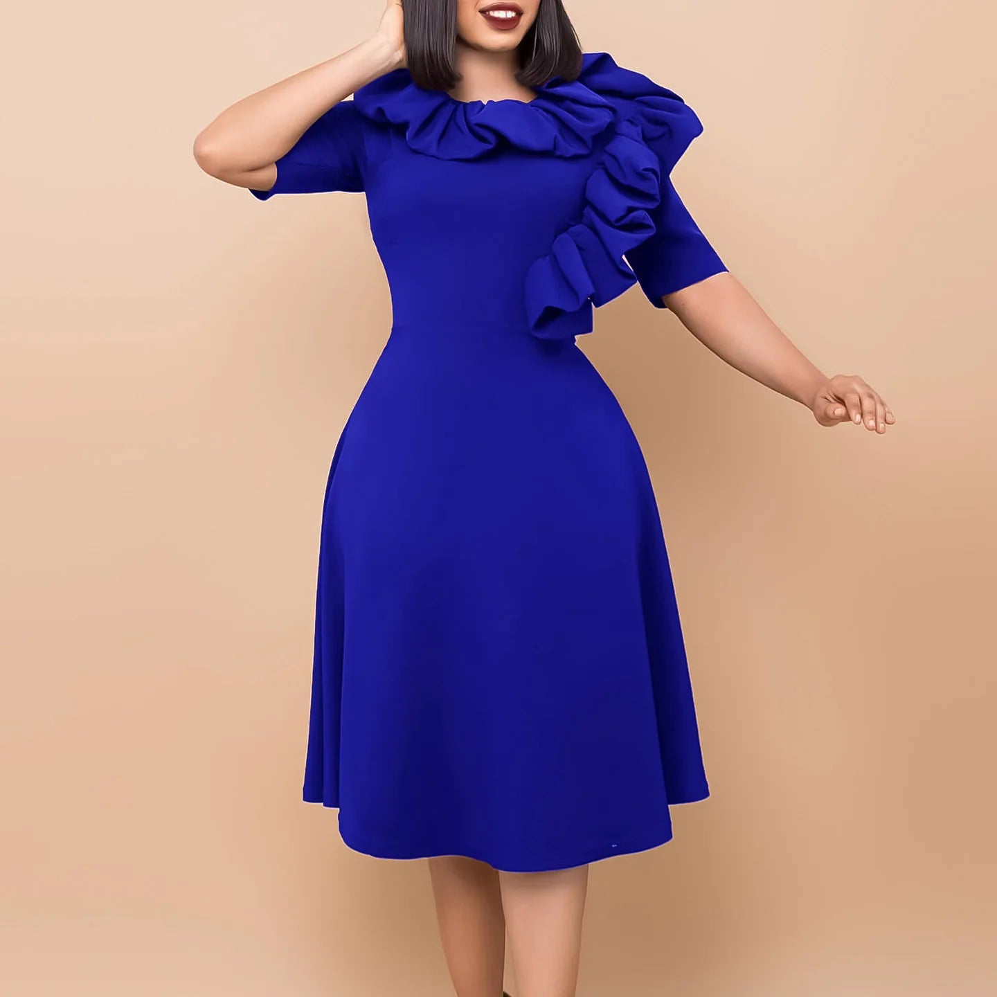 FairyShely 2024 Solid Ruffle Plus Size Long Dress Women Short Sleeve Large Big Dresses Summer Lady Party Tight Curvy Dress