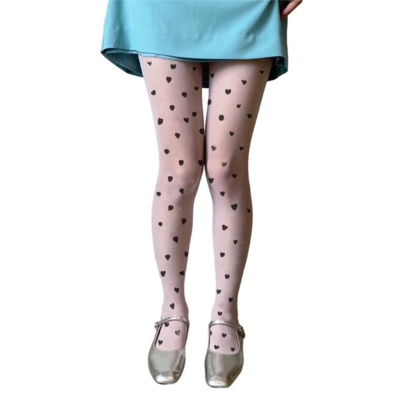 Women Valentines Silk Pantyhose Heart Flocking Patterned Sheer Leggings Tights