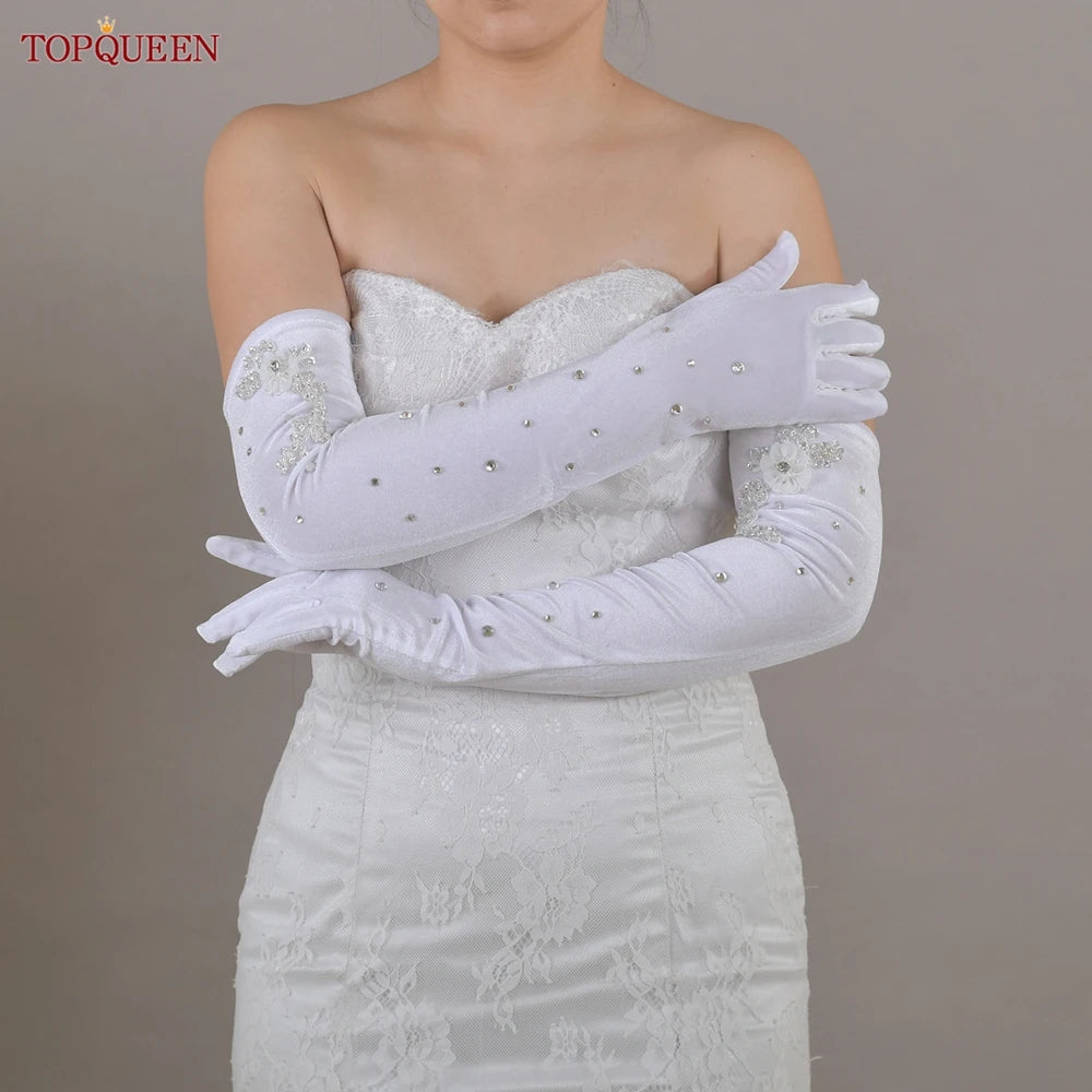 TOPQUEEN Elegant Bridal Gloves Crystal Beaded 3d Pearl Flower Long Gloves Elbow Length Wedding Accessories T24