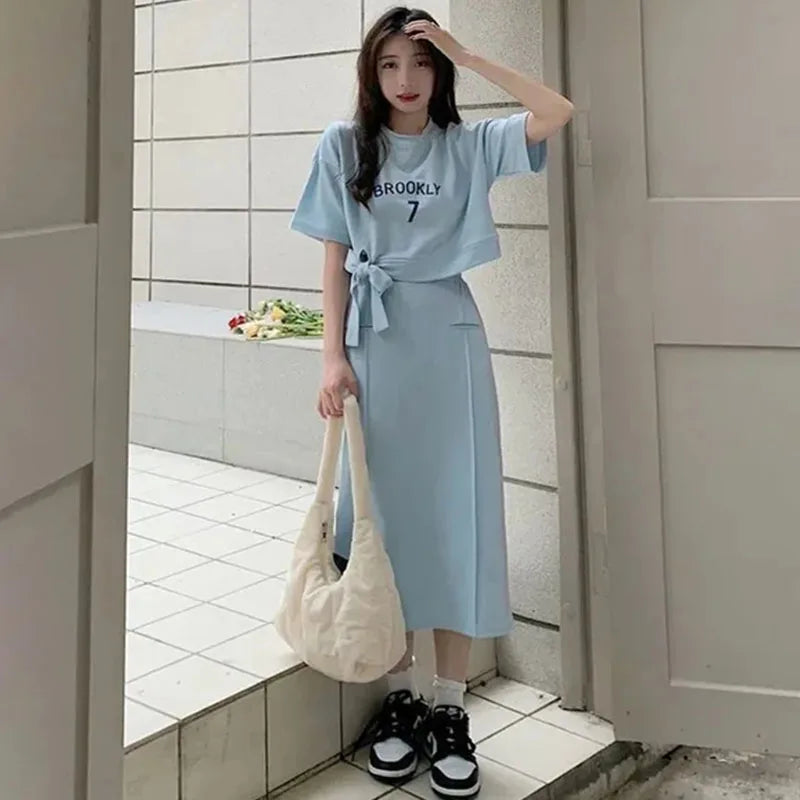 Women Dress Sets Short Sleeve T-shirt+Skirt 2Pcs Suit Letter Print 2024 Summer Fashion Streetwear Female Casual Loose Outfits