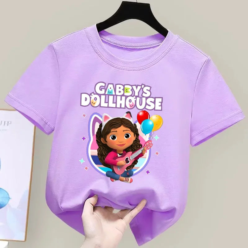 Gabby Dollhouse T-Shirt Anime Print Kleidung Mädchen Niedlich Cartoon Einfache Babykleidung Kind Lila Sommer T-Shirt Kinder Geburtstagsgeschenk