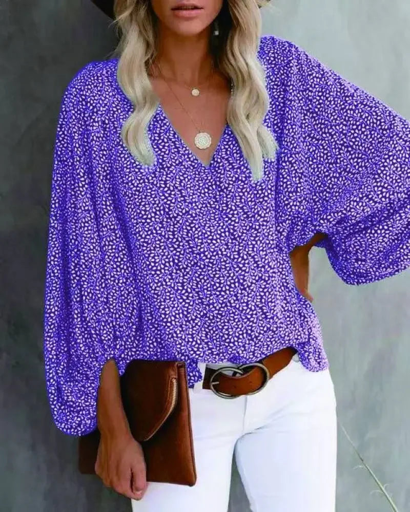 2025 Women's clothes New Arrival Hot Selling Spring And Summer V-neck Casual Printed Lantern Sleeve Shirt Ladies Clothes Fashion Shirts