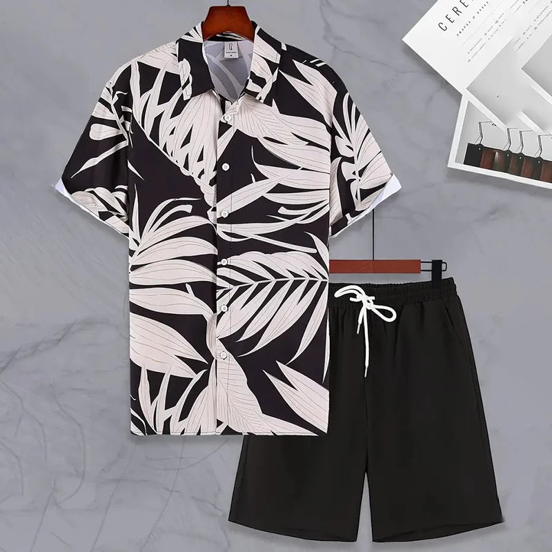 Stylish Lapel Button-Down Shirt Shorts Set Summer Men's Short-Sleeved Shirt Drawstring Shorts 2-Piece 3D Leaf Print Travel Suit mon