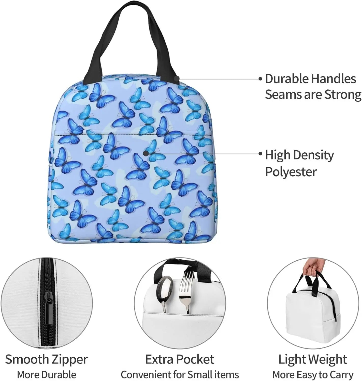 Butterfly Lunch Box for Girls Women Thremal Blue Picnic lunch Bag for School Office Work Insulated Washable Reusable Washable