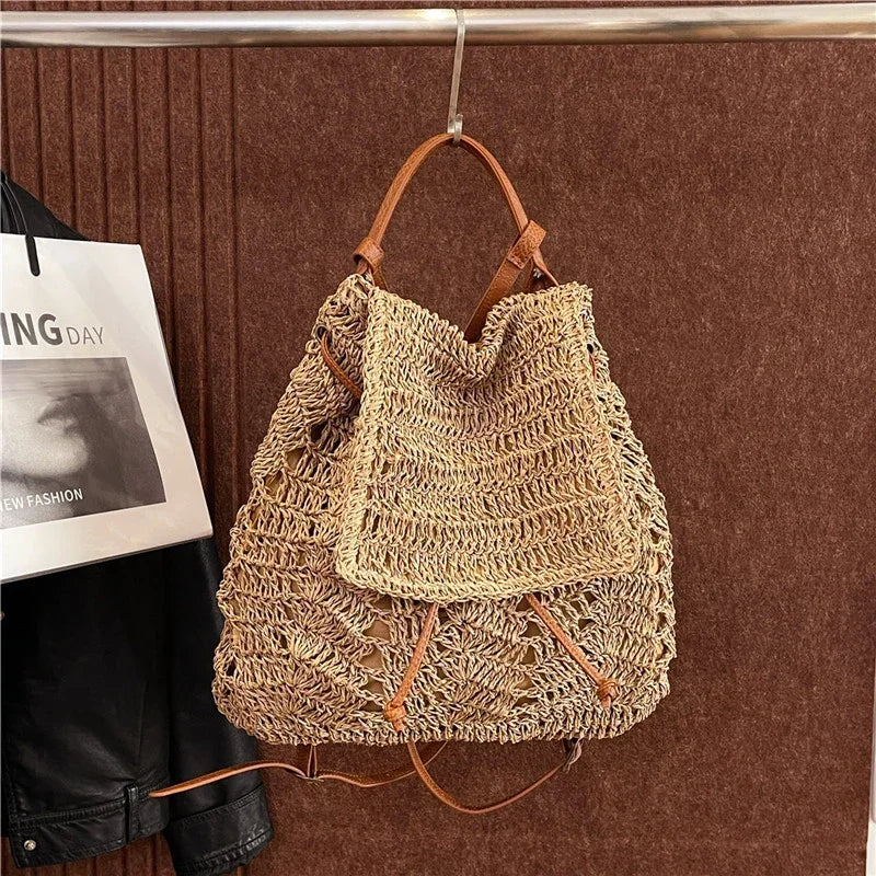 Handmade Woving Women's Backpack Beach Shoulder Bag For Ladies Designer Straw Handbag Travel Anti Theft Backbag Crossbody Purse