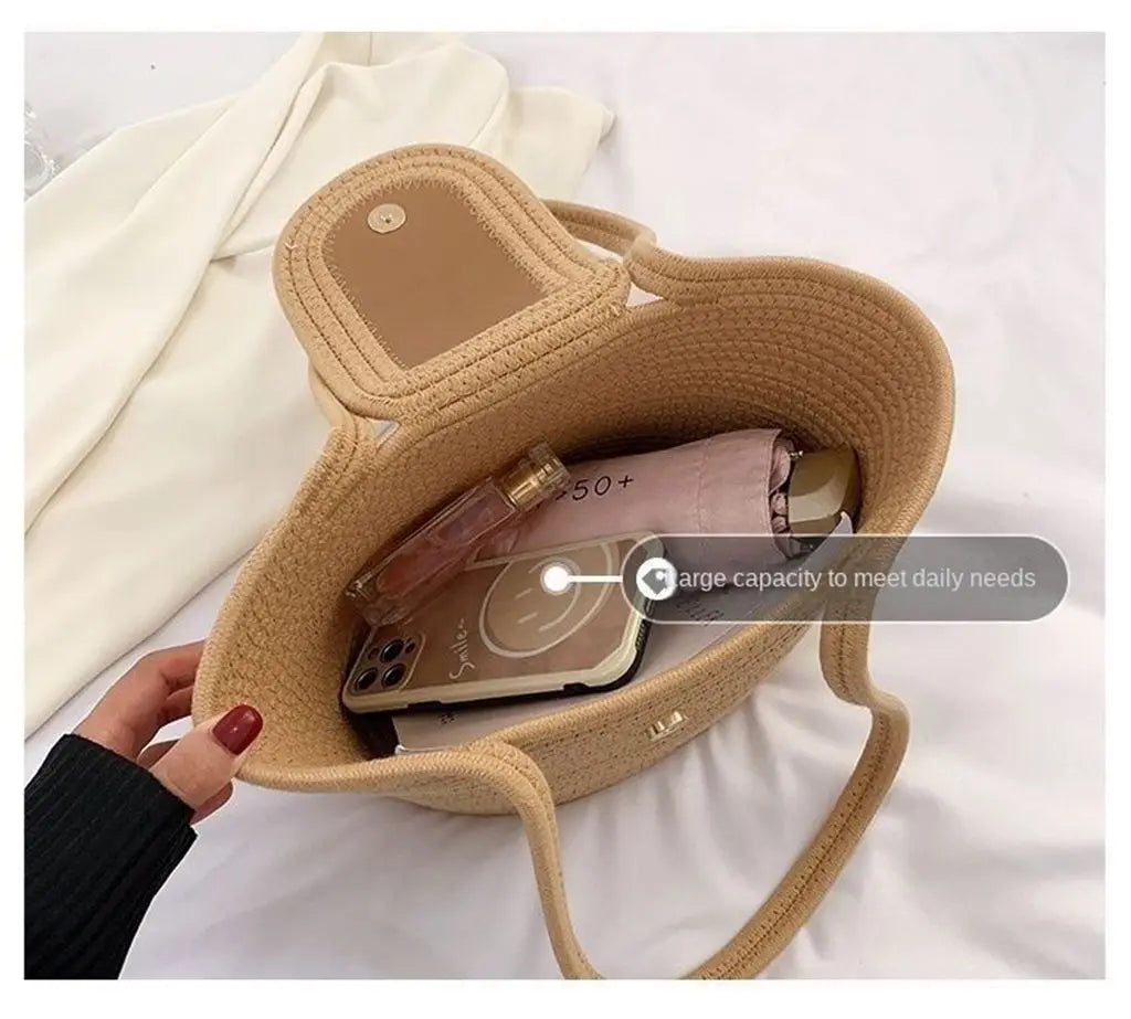 Woven Cotton Shoulder Bags for Women Summer Beach Bag Purse Female Handbag