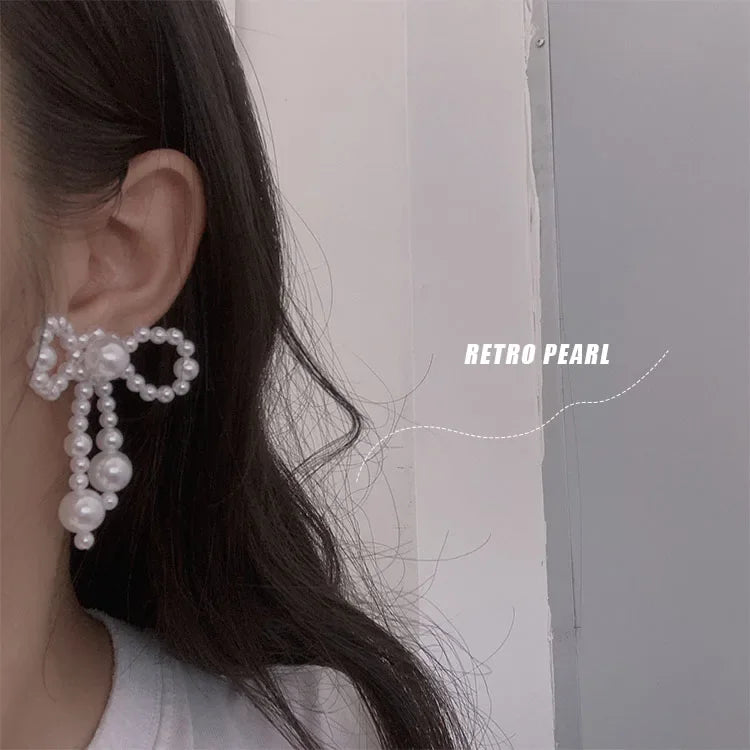 White Beaded Earrings Imitation Pearl Earrings Ear Clips Bowknot Long Tassel Pearl Clip on Earrings Non Piercing Ear Jewelry