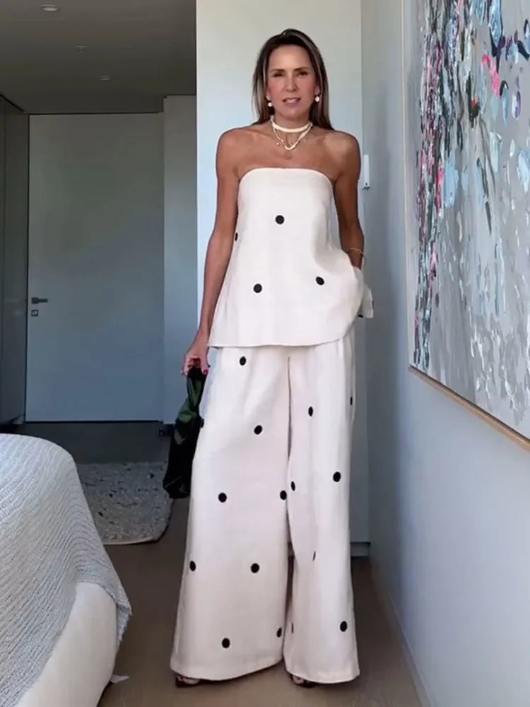 Women's Round Dot Print Off Shoulder Zipper Top Sets Fashion Backless Casual High Waist Long Pants Suit 2025 Female Streetwear