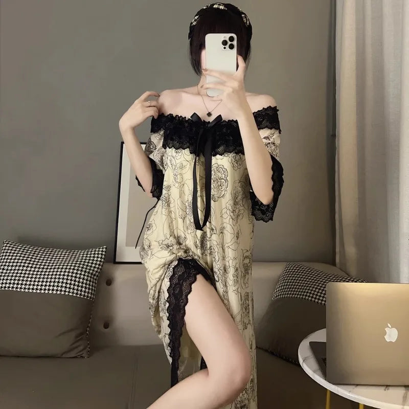 Modal Short Sleeve Premium Lace Lacework Pajamas Women's Loose Thin Loungewear with Chest Pad Summer Fashion Female Nightdress