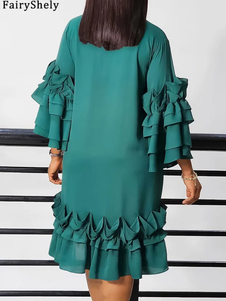 FairyShely 2025 Spring Solid Plus Size Club Loose Dress Women Long Sleeve Large Big Dresses Slim Verge Party Tight Curvy Dress