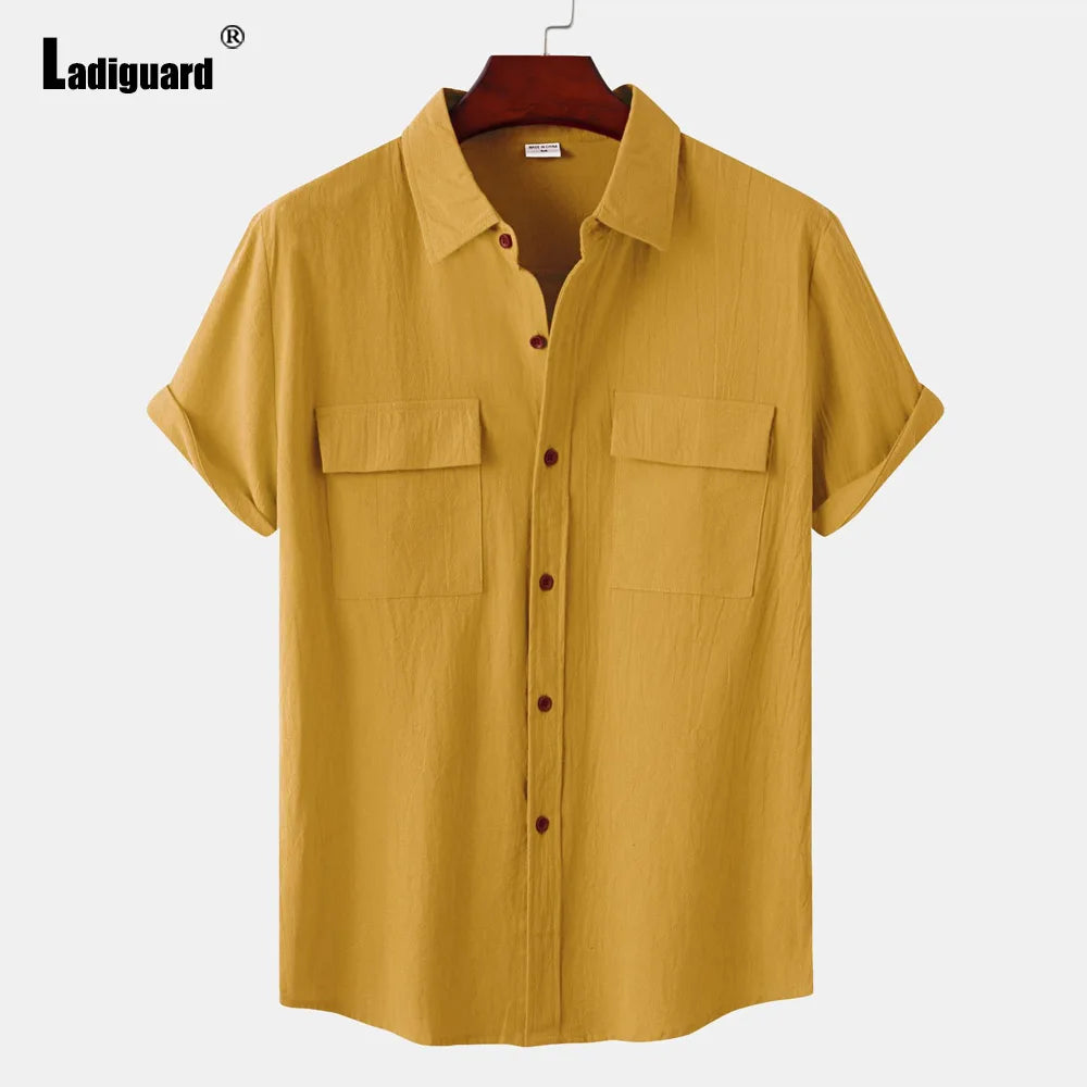 Men Short Sleeve Linen Shirts ,Black Soft Blouse Vintage Casual Stand Pocket Tops mon