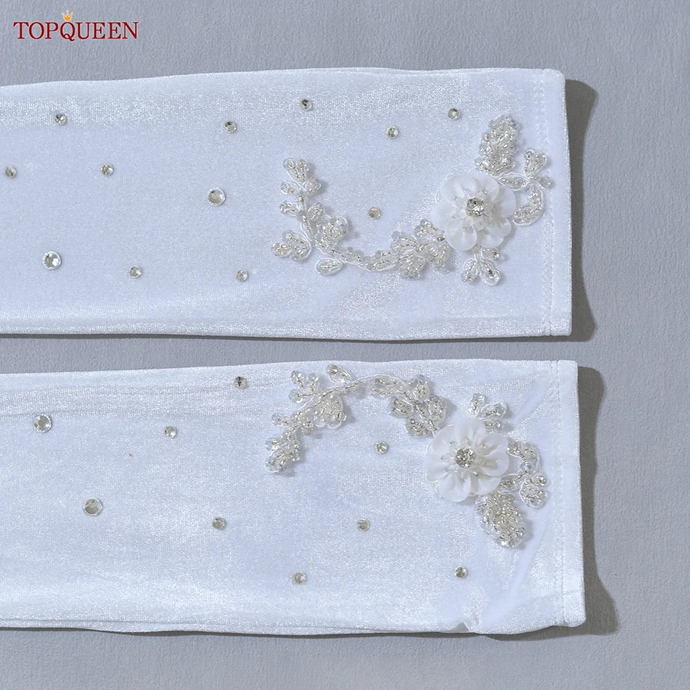 TOPQUEEN Elegant Bridal Gloves Crystal Beaded 3d Pearl Flower Long Gloves Elbow Length Wedding Accessories T24
