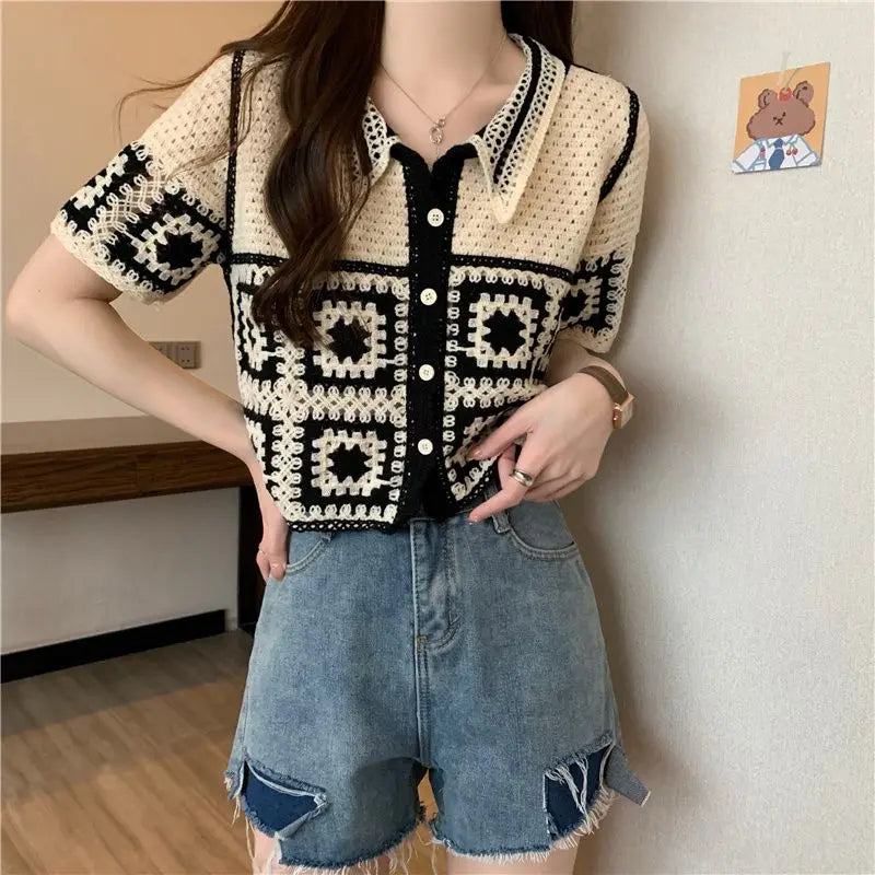 Summer Short Sleeve T-Shirt Retro Knitted Cardigan Outerwear Young Petite Girls Vintage Hollow Out Crop Top Women Clothes