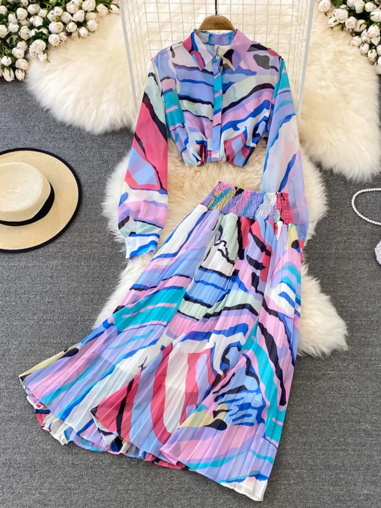 SHENGPALAE 2024 Summer New Women 2 Piece Set Printed Mid Sleeve Shirt And Large Swing Skirt Loose Fashion Female Clothes 5C7427