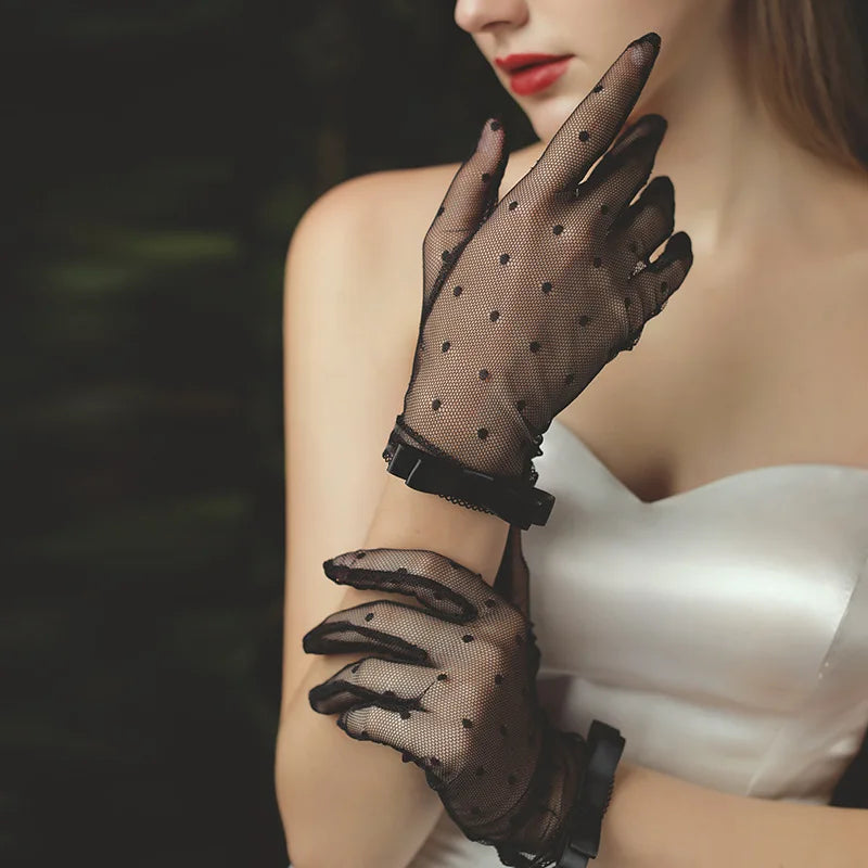 Wedding Gloves Transparent Dot Tulle Fishnet Gloves Black Ivory Wrist Length Bridal Gloves Finger Short Wedding Accessories