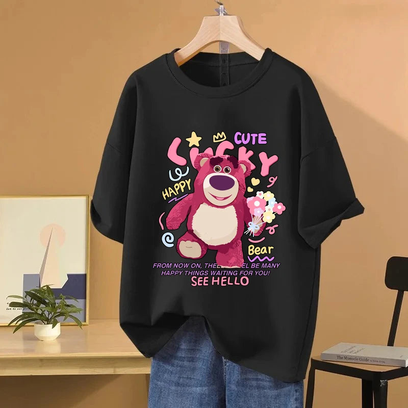 Lotso Bear Cartoon Anime Women T-shirt Summer Short Sleeve Men Tee Shirts 100% Cotton 2025 New Fashion Couple Clothes Tops