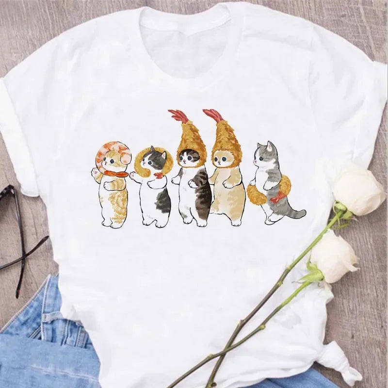 Cute Cats Printing Women T-shirts New Kawaii Women's Tops Fashion Women Clothing Funny Korean Style Creative Casual Clothes Tees