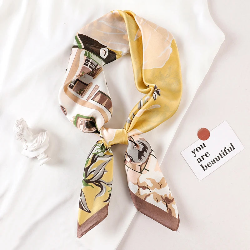 Luxury Brand 2023 Silk Square Scarf Women Cat Neck Hair Tie Band Beach Hijab Kerchief Head Headbands Bandana Female Foulard 70cm