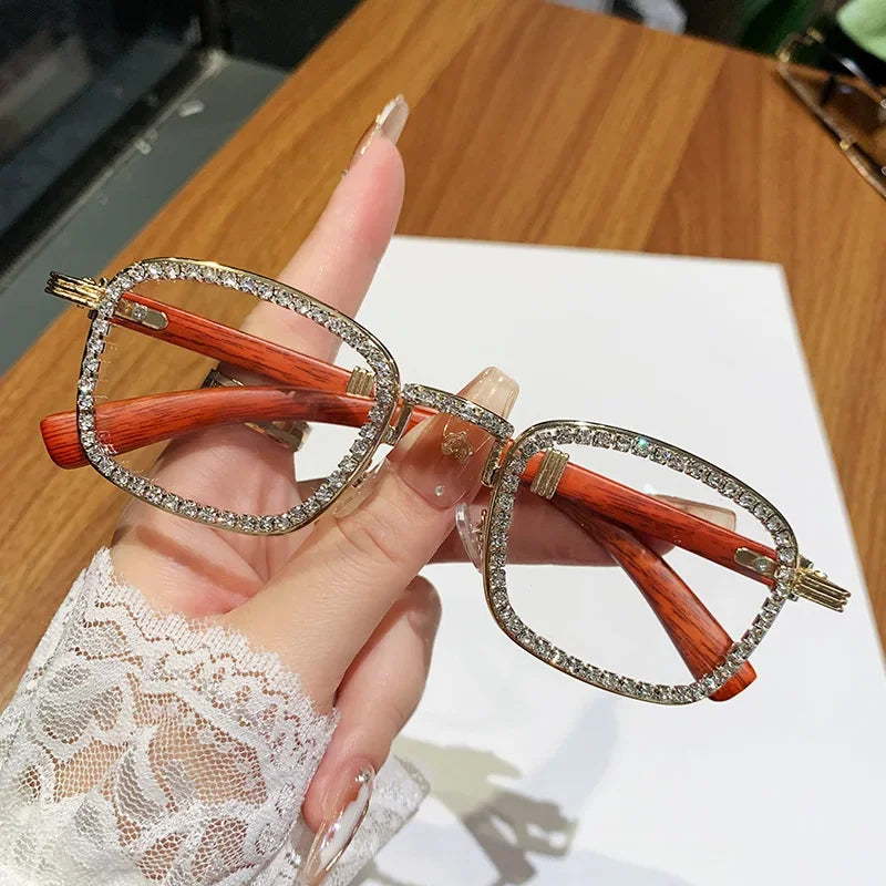 2025 Square Diamond Sunglasses for Women with A High-end Feel Imitation Wood Grain Legs Girls Sunglasses with Rhinestone