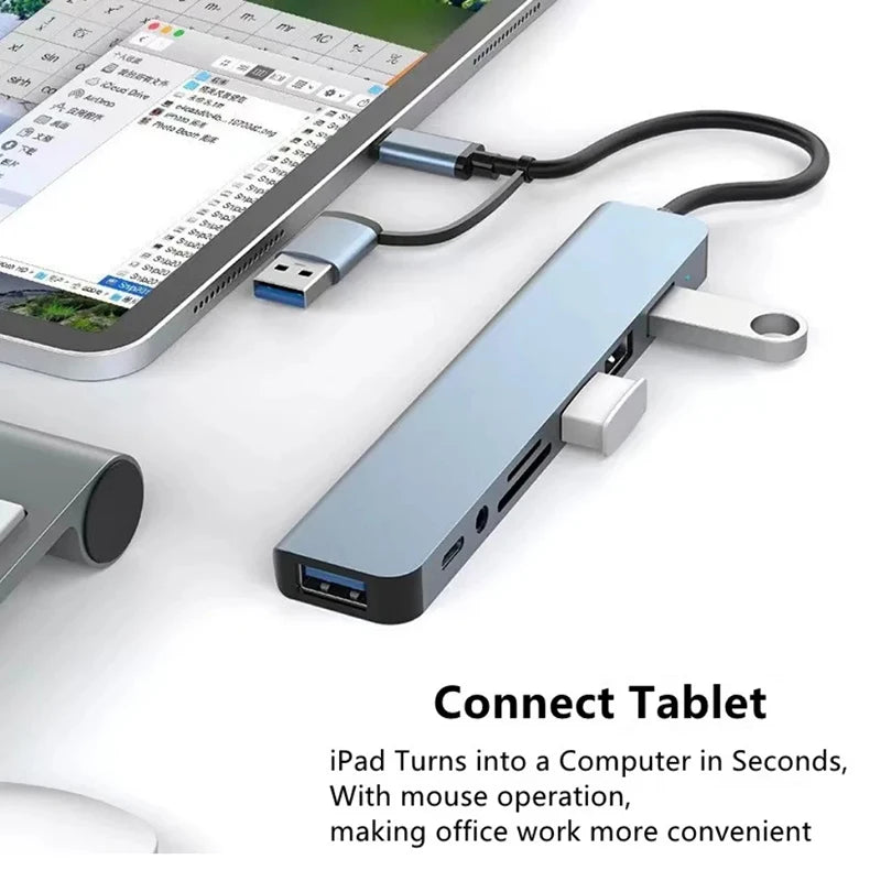 موزع USB C، موزع USB، 8 في 1، موسع USB مع 4 منافذ USB، منفذ USBC واحد، قارئ بطاقات TF/SD، مخرج صوت متوافق مع MacBook
