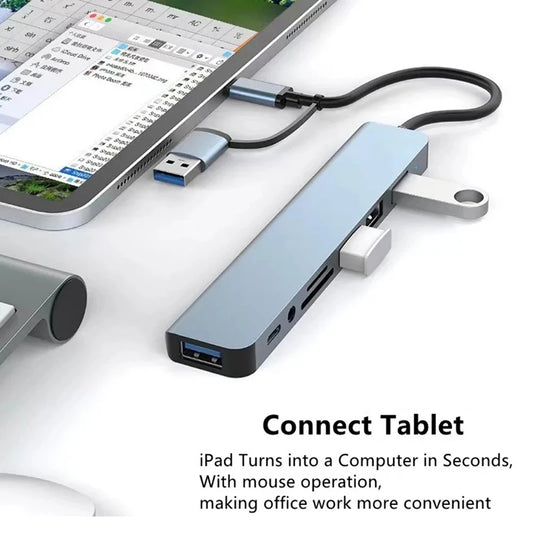 موزع USB C، موزع USB، 8 في 1، موسع USB مع 4 منافذ USB، منفذ USBC واحد، قارئ بطاقات TF/SD، مخرج صوت متوافق مع MacBook