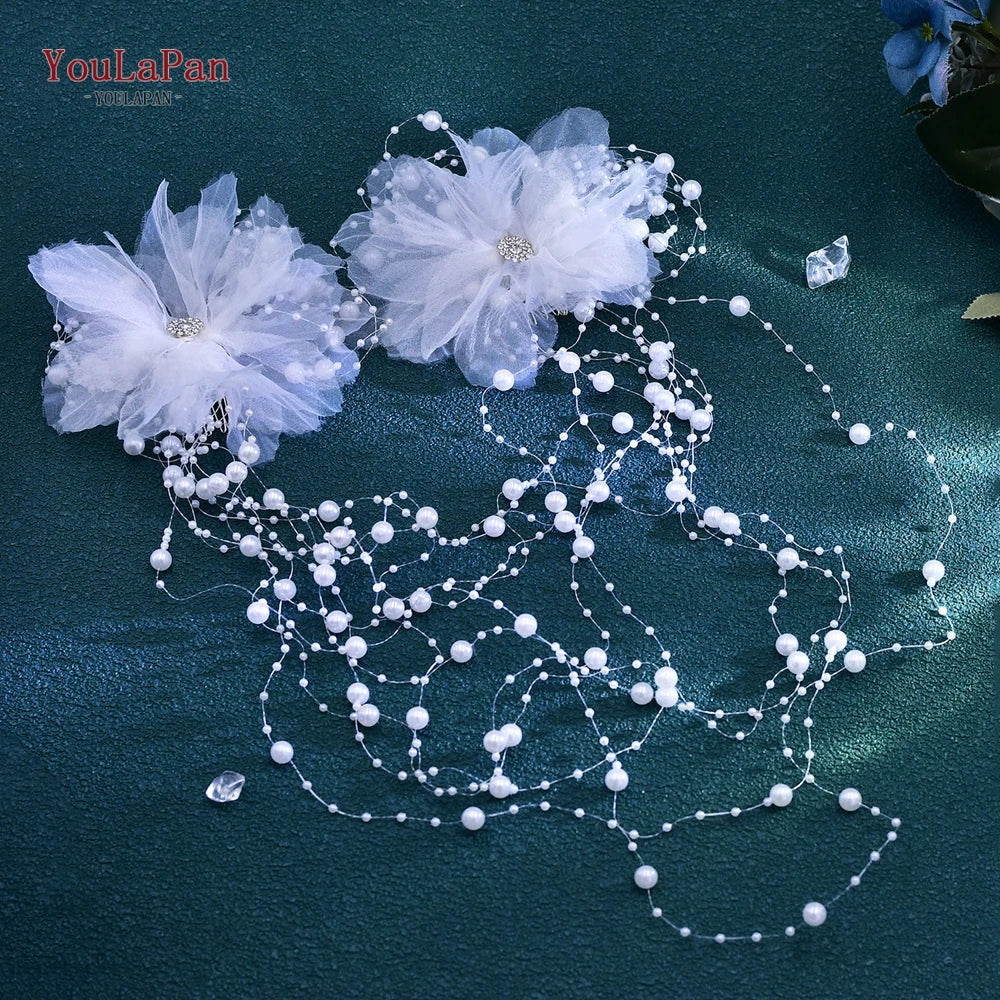 YouLaPan Elegant Women Bride Headwear Handmade gauze Flower Wedding Princess Headband Long Pearl Tassel Hair Accessories HP691