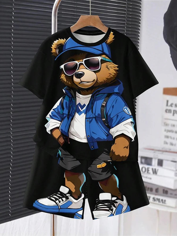 2024 Kids Clothes 2pcs Boys Fun Cartoon Bear Print Short Sleeve T-Shirt Shorts Set Summer Active Boys Complete Stylish Look