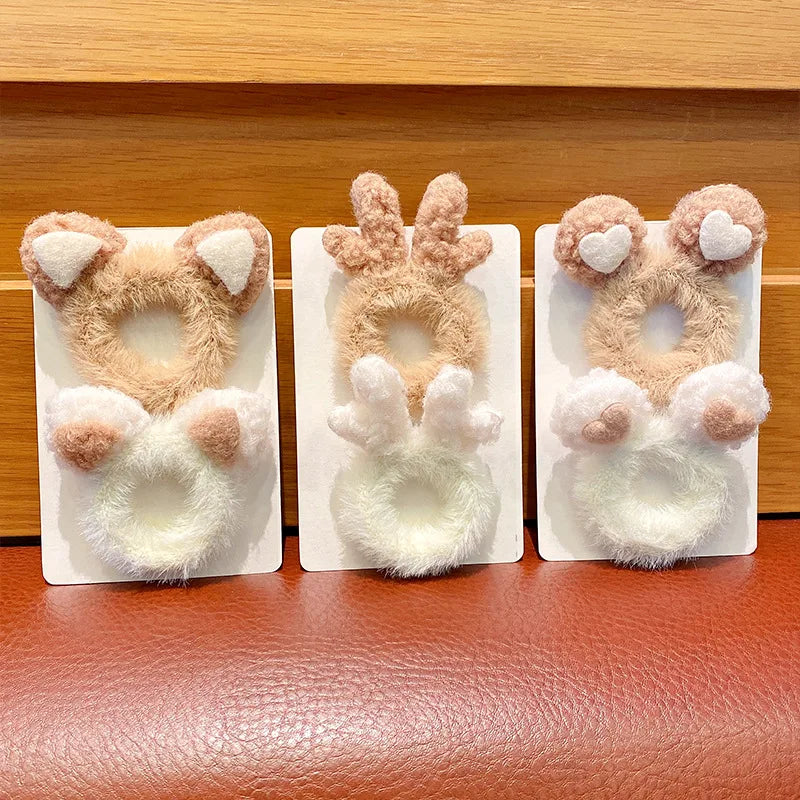 2pcs Women Girls Cute Antlers Cat Ears Plush Elastic Hair Bands Winter Sweet Hair Decorate Scrunchie Hair Ties Hair Accessories