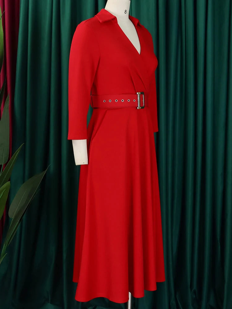 FairyShely 2025 Solid Turn-down Collar Plus Size Dress Women Long Sleeve Large Big Dresses Lady Autumn Party Tight Curvy Dress