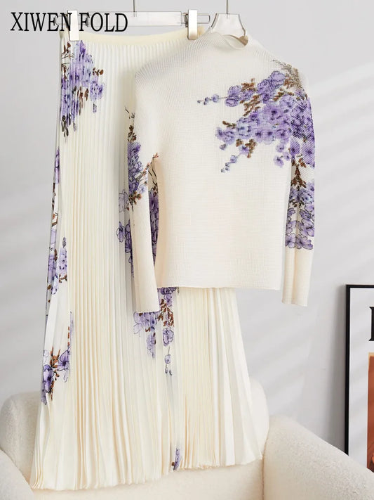 XIWEN 2024 Autumn New Pleated Print High Collar Long Sheeve Length Style Y2K Skirt Two Piece Set For Woman Chic Clothes XF209