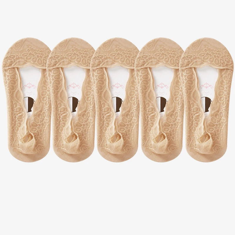 5pairs Summer Women Girl Silica Gel Lace Boat Socks Invisible Cotton Sole Non-slip Antiskid Slippers Anti-Slip Short Ankle Socks