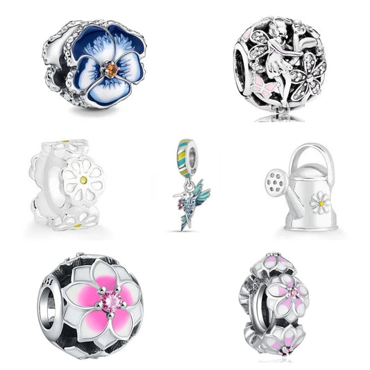 قلادة طائر زهرة زرقاء جديدة للربيع لعام 2024 مصنوعة يدويًا من خرز يناسب سوارًا أوروبيًا من الفضة الإسترلينية 925 وملحقاتها