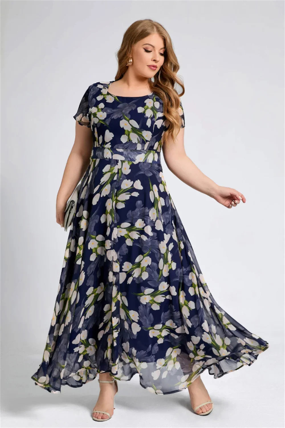 Plus Size Women Floral Printing Dress Short Sleeve Round Neck Chiffon A-line Female Elegant Fashion Summer Dresses 2025