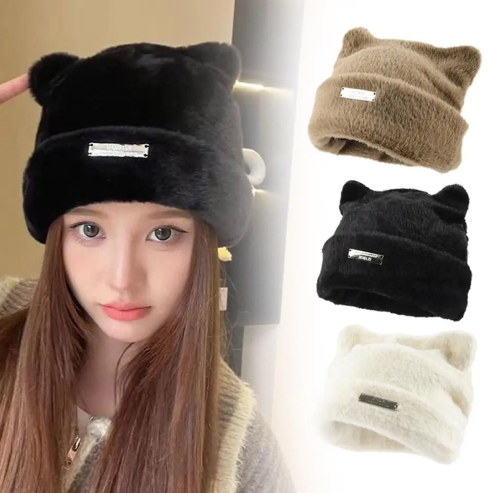 Iron Label Decorative Beanie Hat With Ears Cute Warm Faux Beanie Hat Plush Women Winter Fur Beanie Elastic Knitted Outdoor Z4k0