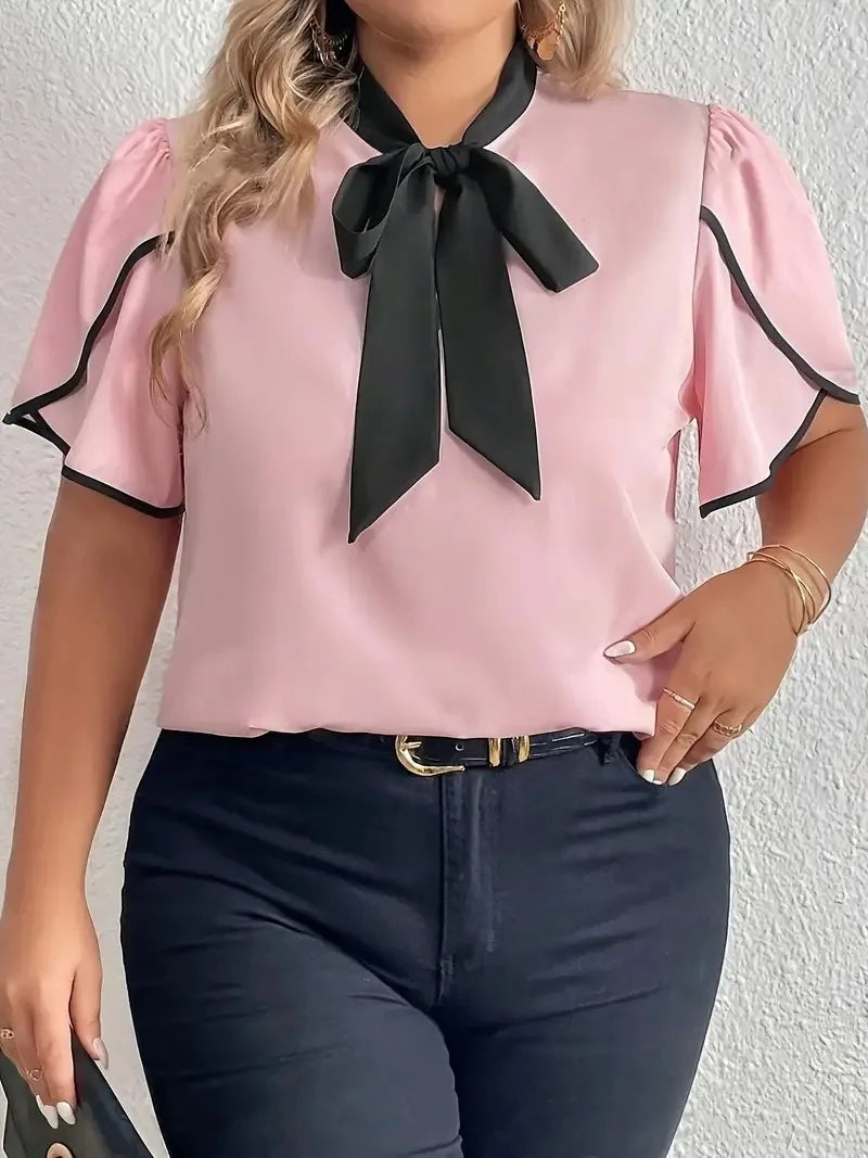 GIBSIE Plus Size Contrast Bow Tie Neck Women Shirts Blouses 2024 Summer Short Sleeve Elegant Tops Female Casual Solid Blouse