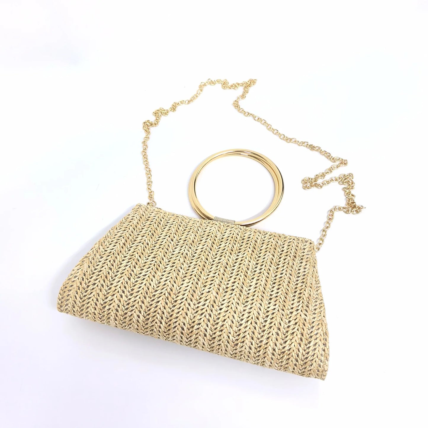 Straw Tote Handbags for Women Trend Summer Beach Woven Purses with Metal Circle Top Handle Ladies Shoulder Messenger Bags